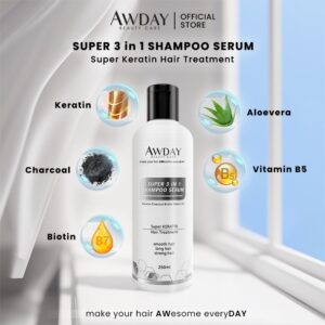 awday super 3in1 shampoo 250ml super keratin shampoo / charchoal shampoo